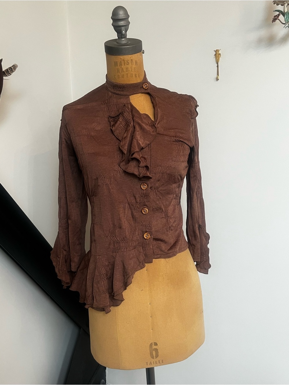 Women's Brown Ruffle Front Top
